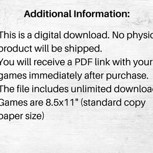 Pu&ograve; includere: Informazioni aggiuntive: Questo &egrave; un download digitale. Nessun prodotto fisico verr&agrave; spedito. Riceverai un link PDF con i tuoi giochi immediatamente dopo l'acquisto. Il file include download illimitati. I giochi sono in formato 8,5 x 11 pollici (formato carta standard).
