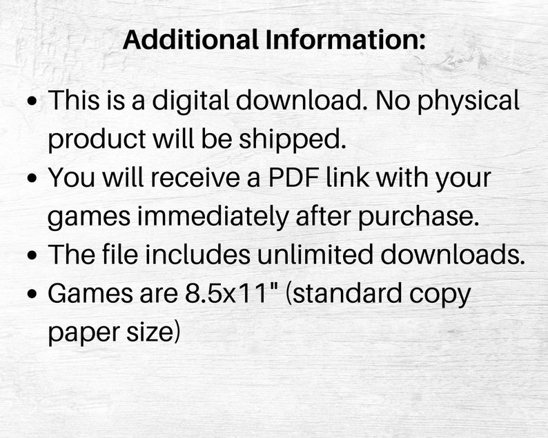 Pu&ograve; includere: Informazioni aggiuntive: Questo &egrave; un download digitale. Nessun prodotto fisico verr&agrave; spedito. Riceverai un link PDF con i tuoi giochi immediatamente dopo l'acquisto. Il file include download illimitati. I giochi sono in formato 8,5 x 11 pollici (formato carta standard).