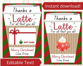 Gift card holder Christmas. Coffee gift card holder. Coffee gift card printable. Thanks a Latte. Teacher Gift Card. Appreciation Gifts