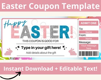 Easter Coupons Printable. Printable Easter Gift Card. Easter Ticket. Coupons for kids. Coupons for Teens. Coupon Book. Editable Text
