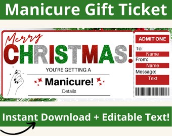 May include: A printable Christmas gift voucher for a manicure. The voucher is red, green and white with glitter accents. It says "Merry Christmas! You're getting a manicure!" and has a space for the recipient's name, the giver's name, and a message.