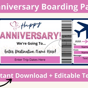 Boarding Pass Anniversary. Boarding Pass Template. Boarding Ticket. Surprise Vacation Printable. Surprise Trip. Surprise Travel. Anniversary