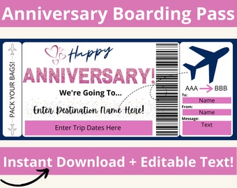 Boarding Pass Anniversary. Boarding Pass Template. Boarding Ticket. Surprise Vacation Printable. Surprise Trip. Surprise Travel. Anniversary