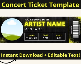 Concert Ticket Template Printable, Editable Surprise Concert Gift Voucher, Show Ticket, Event Ticket, Birthday Gift PDF