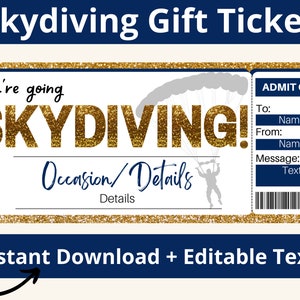 Skydiving Ticket. Skydiving Gifts. Printable Ticket. Printable Coupon. Surprise Gift. Voucher Template. You&#39;re going Skydiving. Voucher Gift
