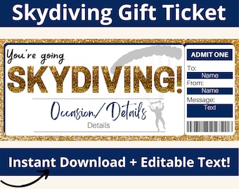 Skydiving Ticket. Skydiving Gifts. Printable Ticket. Printable Coupon. Surprise Gift. Voucher Template. You&#39;re going Skydiving. Voucher Gift