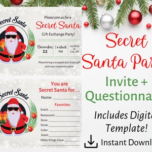 Questionário do Papai Noel Secreto. Convite para festa secreta do Papai Noel. Papai Noel Secreto para o Trabalho. Lista secreta de desejos do Papai Noel. Convites para festas de Natal. Imprimível
