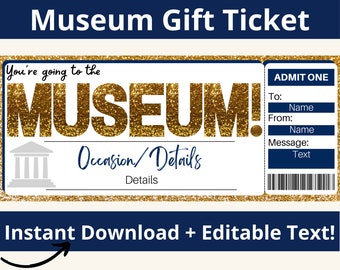 Może przedstawiać: Drukowany bilet podarunkowy do muzeum z wzorem złotych błyskotek. Bilet zawiera napis "You're going to the MUSEUM!" i miejsce na wpisanie "To:", "From:" i "Message:".