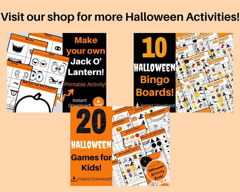 May include: A collection of Halloween-themed printable activities, including bingo boards, games for kids, and a Jack O' Lantern activity. The image features orange and black designs with text such as "10 Halloween Bingo Boards!" and "20 Halloween Games for Kids!"
