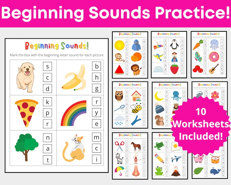 Pu&ograve; includere: Dieci fogli di lavoro stampabili per i bambini per esercitarsi a identificare i suoni iniziali delle parole. Ogni foglio di lavoro presenta un'illustrazione colorata e un set di lettere tra cui scegliere. Il titolo dei fogli di lavoro &egrave; "Beginning Sounds!" e il testo "10 Worksheets Included!" &egrave; visualizzato in una stella rosa.