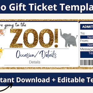Biglietto per lo zoo. Buono regalo dello zoo. Certificato dello zoo. Gita allo zoo. Invito allo zoo. Gita allo zoo. Compleanno allo zoo. Buono regalo dello zoo. Stampabile.
