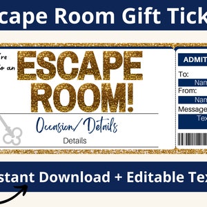 Escape Room Geschenk. Escape Room Ticket. Escape Room Einladung. Escape Room einladen. Escape Room Karte. Ausdruckbarer Gutschein. Bearbeitbar