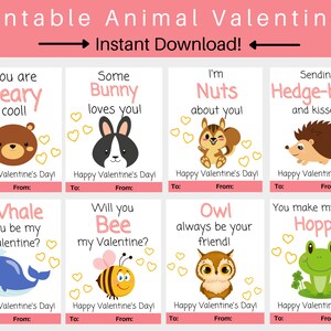 Printable Animal Valentines. Printable Valentine Cards for Kids. Kids Valentines. Preschool Valentine. Toddler Valentines. Valentine Tags.