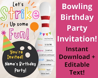 Invito di compleanno al bowling. Invito alla festa di bowling. Invito di compleanno digitale al bowling. Download immediato dell'invito al bowling. Invito al bowling