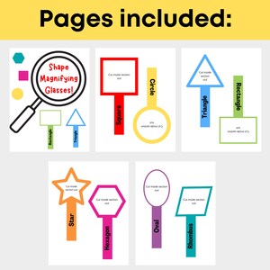 May include: A set of printable shape templates for kids. Each page features a different shape, including a circle, square, triangle, rectangle, star, hexagon, oval, and rhombus. The shapes are outlined in different colors and have instructions to cut out the inside section.