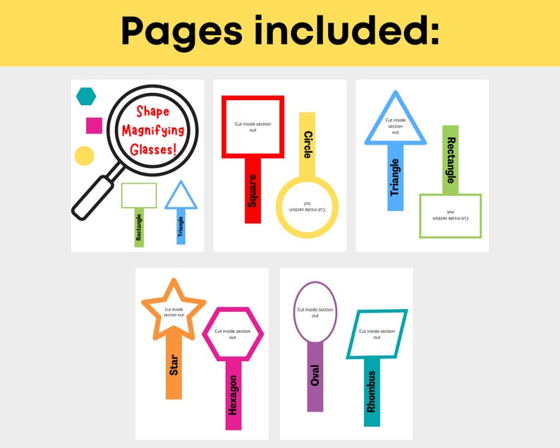 May include: A set of printable shape templates for kids. Each page features a different shape, including a circle, square, triangle, rectangle, star, hexagon, oval, and rhombus. The shapes are outlined in different colors and have instructions to cut out the inside section.