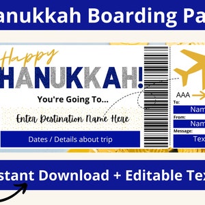 Carte d'embarquement pour Hanoucca. Modèle de carte d'embarquement. Cadeau de Hanoucca. Carte d'embarquement imprimable Happy Hanukkah. Billet d'embarquement. Voyage surprise.