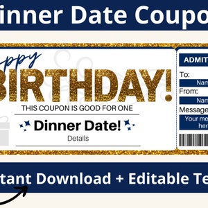 Dinner Date Coupon. Dinner Date Voucher. Birthday Dinner Invitation. Surprise Dinner Invitation. Dinner Coupon. Dinner Voucher. Printable