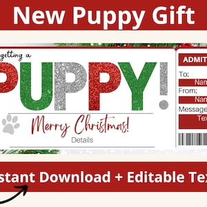 Chèque-cadeau nouveau chiot. Nouveau cadeau pour chien. Chiot Surprise. Certificat de chiot. Nouveau billet cadeau pour animal de compagnie. Coupon imprimable. Bon modifiable.