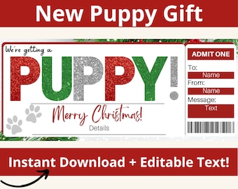 New Puppy Gift Certificate. New Dog Gift. Puppy Surprise. Puppy Certificate. New Pet Gift Ticket. Printable Coupon. Editable Voucher.