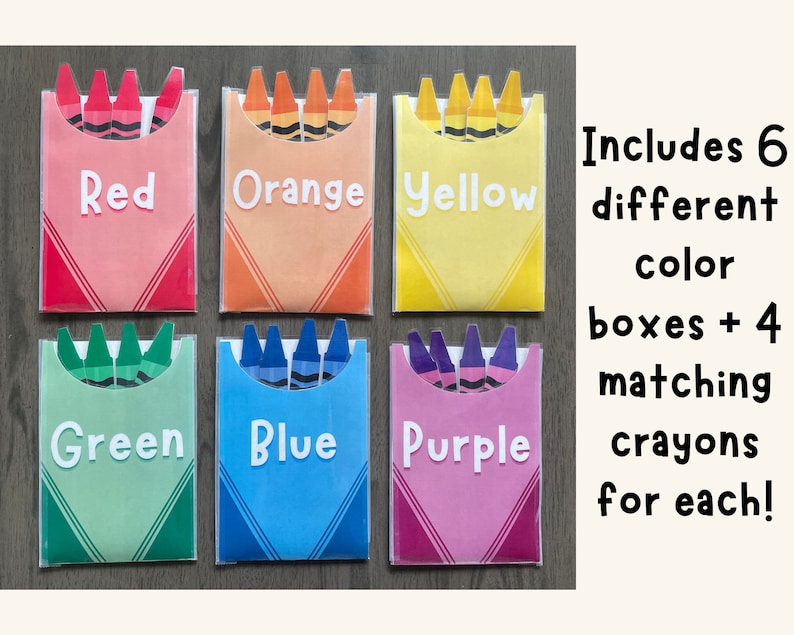 May include: Six colorful boxes with the words "Red", "Orange", "Yellow", "Green", "Blue", and "Purple" printed on them. Each box contains four crayons that match the color of the box. The text "Includes 6 different color boxes + 4 matching crayons for each!" is printed on the right side of the image.
