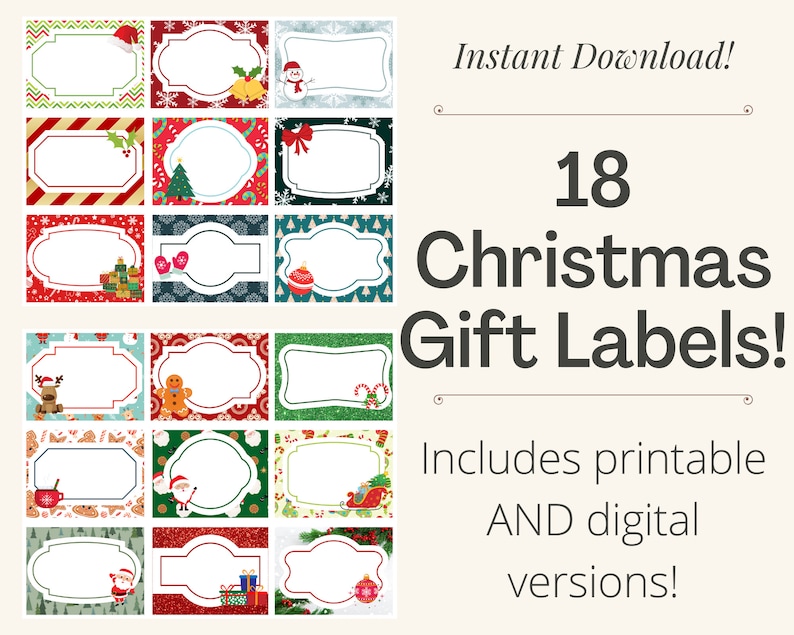 May include: Set of 18 printable and digital Christmas gift labels. The labels feature various festive designs, including a snowman, a Christmas tree, a gingerbread man, and Santa Claus.  Instant Download!