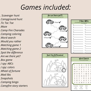 Peut inclure: Un ensemble de 20 jeux de camping imprimables pour enfants. Les jeux comprennent la chasse au tr&eacute;sor, la chasse au camping, le morpion, le labyrinthe, les charades du feu de camp, la coloration du camping, la recherche de mots, plut&ocirc;t, des jeux de correspondance, trouver la diff&eacute;rence, sommes-nous arriv&eacute;s, jeu de bo&icirc;te, je vois : ABC, je vois : couleurs, roue de la fortune, mots fous, instantan&eacute;s, bingo de camping et des amorces d'histoires de feu de camp.