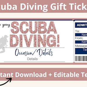 Scuba Diving Gift Certificate. Scuba Diver Gift. Scuba Dive Gift. Scuba Gifts. Scuba Diving Ticket Template. Printable Ticket. Editable.