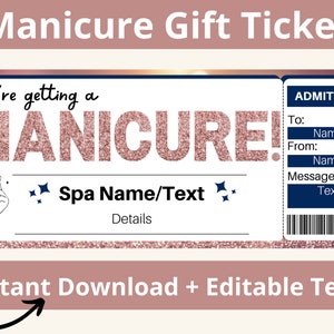 Manicure Gift Certificate. Manicure and Pedicure. Printable Manicure Gift. Nail Certificate. Spa Ticket. Spa Voucher. Nail Party. Nail Gift