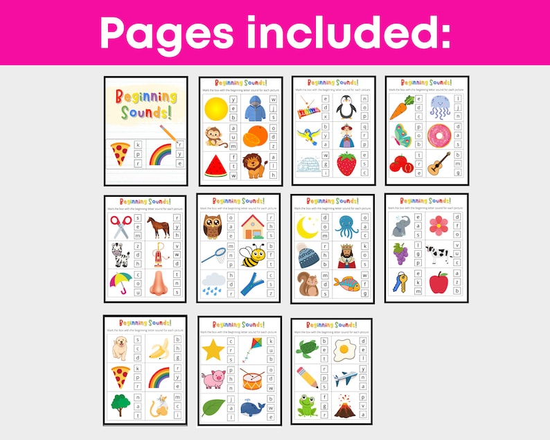 Pu&ograve; includere: Un set di 10 fogli di lavoro stampabili per bambini per esercitarsi nell'identificare i suoni iniziali. Ogni foglio di lavoro presenta un'illustrazione colorata e una griglia di lettere. Il titolo di ogni foglio di lavoro &egrave; "Beginning Sounds!"