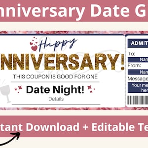 Cupón de aniversario. Cupón de cita nocturna. Regalo de fecha de aniversario. Vale de fecha imprimible. Cupón para la fecha de la cena. Cupón de cita nocturna.Tarjeta de cita nocturna