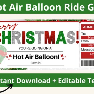 Hot Air Balloon Ticket. Hot Air Balloon Gift. Hot Air Balloon Ride Ticket. Christmas Hot Air Balloon Ride Ticket. Printable. Editable Ticket