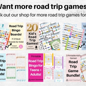 Pu&ograve; includere: Un collage di giochi di viaggio in auto stampabili per bambini e adulti. I giochi includono schede di bingo, ricerche di parole e bingo di targhe. Il testo "Download immediato!" appare su ogni gioco.