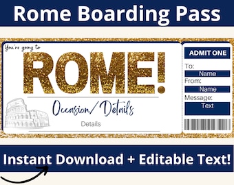 Modello di carta d'imbarco per Roma, Italia, biglietto a sorpresa per un viaggio a Roma, buono regalo per una vacanza in Italia, modificabile e stampabile.