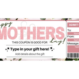 Mothers Day Coupon Printable. Mothers Day Ticket. Mothers Day Voucher. Mom Coupons. Coupon for Her. Coupon book for Mom. Mom gift card image 5