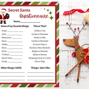 Secret Santa Questionnaire Printable Secret Santa Form Secret Santa Secret Santa Questionnaire Printable Secret Santa Form Secret Santa