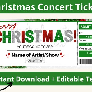 Biglietto concerto di Natale. Regalo biglietto concerto. Regalo concerto. Modello biglietto concerto modificabile. Rivelazione concerto. Biglietto concerto a sorpresa