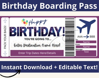 Birthday Boarding Pass Printable, Surprise Trip Ticket, Editable Airline Ticket Template, Surprise Vacation Gift, Travel Voucher, Gift