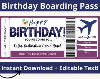 Boarding Pass Birthday. Boarding Pass Template. Birthday Boarding Pass. Surprise Vacation Printable. Surprise Trip. Surprise Travel.