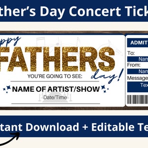 Vatertags-Konzertticket-Geschenk. Druckbare Konzertkarte. Konzert Geschenk. Vatertags-Gutschein. Konzertticket Vorlage. Karte zeigen. Bearbeitbar