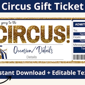 Circus Ticket. Circus Gifts. Circus Party Invitation. Circus Invite. Circus Gift Certificate. Circus Birthday. Printable. Editable.