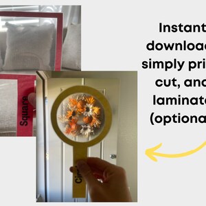 May include: A printable set of two magnifying glass shapes, one labeled "Square" and the other labeled "Circle". The magnifying glass shapes are yellow and are shown being used to look at a square pillow and a round wreath.