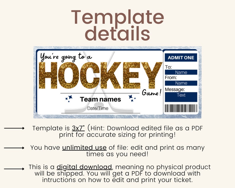 Hockey Ticket Template. Hockey Ticket Gift. Hockey Game. - Etsy