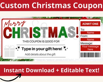 Printable Christmas Coupon Template. Ticket for Experience. Coupon for a Gift. Customizable coupons. Coupon Voucher. Ticket for a gift.
