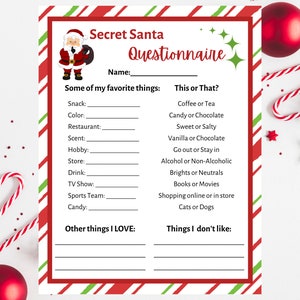 Secret Santa Questionnaire Printable. Secret Santa Form. Secret Santa for Work. Secret Santa Printable. Secret Santa Wish List. Christmas