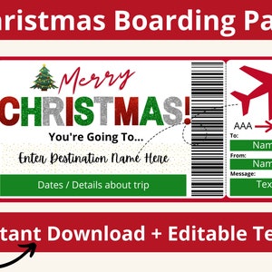 Christmas Boarding Pass. Boarding Pass Template. Surprise Trip. Surprise Vacation Printable. Christmas Travel. Editable Flight Ticket