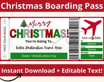 クリスマス搭乗券。搭乗券テンプレート。サプライズ旅行。サプライズバケーションの印刷物。クリスマス旅行。編集可能な航空券