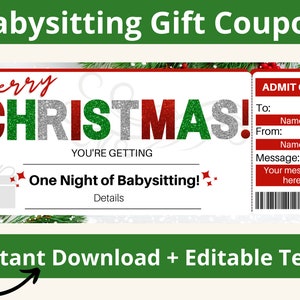 Christmas Babysitting Coupon. Babysitting Coupon Book. Babysitting Voucher. Babysitting coupon digital download.Babysitting gift certificate