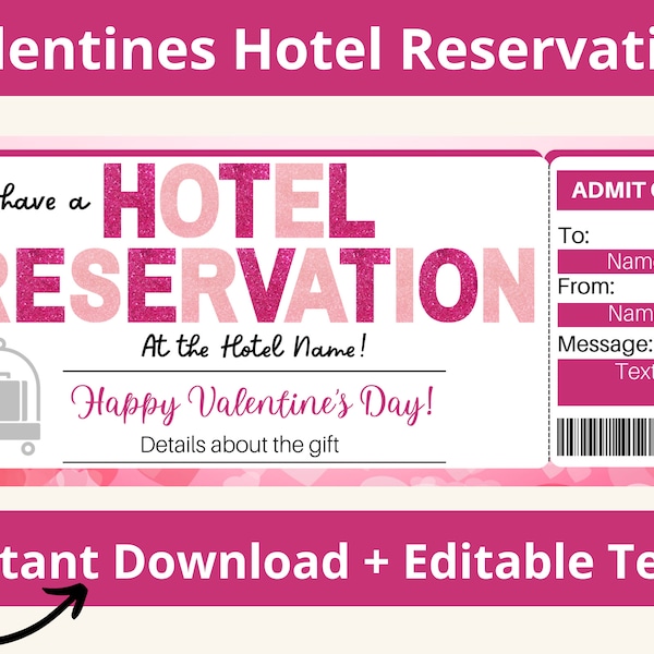 Hotel Reservation Voucher. Valentines Hotel Ticket. Hotel Voucher. Hotel Stay. Getaway Ticket. Hotel Room Card. Reservation Card. Printable