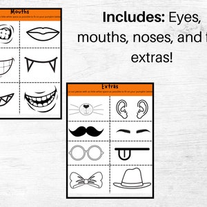 May include: Black and white cut-out sheets with various mouth shapes, eyes, noses, and fun extras. The text on the image says "Includes: Eyes, mouths, noses, and fun extras!"